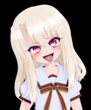 1girl 3d black_background blonde_hair blush fate/kaleid_liner_prisma_illya fate_(series) gs-mantis illyasviel_von_einzbern looking_at_viewer naughty_face open_mouth red_eyes saliva school_uniform short_sleeves smile solo tongue tongue_out