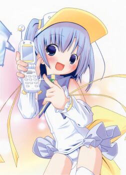 1girl :d asymmetrical_clothes cellphone highres loli magical_girl moetan one-piece_swimsuit open_mouth pastel_ink phone pop_(electromagneticwave) scan school_swimsuit single_thighhigh smile solo swimsuit thighhighs third-party_source white_one-piece_swimsuit