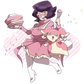 1girl :d apron audino big_hair blue_eyes blush blush_stickers boots bow breasts cake commentary cupcake diagonal-striped_background english_commentary eyelashes food footwear_bow frilled_apron frills gen_5_pokemon glasses green_eyes hands_up heart high_heel_boots high_heels highres holding holding_food holding_tray holding_whisk large_breasts long_sleeves looking_at_viewer loveycloud mature_female nintendo open_mouth pink-framed_eyewear pink_apron pink_background pink_bow pink_sash pink_sweater pokemon pokemon_(creature) pokemon_sm purple_hair ribbed_sweater sash smile sprinkles striped_background striped_bow sweater thigh_boots tray turtleneck turtleneck_sweater whisk white_background white_boots wicke_(pokemon)