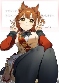 1girl animal_ears aston_machan_(flare)_(umamusume) aston_machan_(umamusume) black_bow black_bowtie black_thighhighs bow bowtie brown_dress brown_hair brown_tail closed_mouth commentary_request crown double_v dress fingernails from_below gold_trim green_eyes hair_between_eyes highres horse_ears horse_girl horse_tail looking_at_viewer mini_crown nail_polish one_side_up red_nails red_sash red_sleeves request_inset sash shirt short_hair simple_background smile solo tail tetra_(ktet4_illu) thighhighs thighs umamusume v v-shaped_eyebrows white_background white_shirt