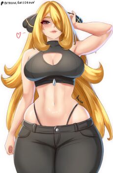 1girl alternate_costume anisdrawn arm_up bare_shoulders black_pants blonde_hair breasts casual cleavage cleavage_cutout closed_mouth clothing_cutout commentary cowboy_shot crop_top curvy cynthia_(pokemon) english_commentary grey_eyes hair_ornament hair_over_one_eye heart highres large_breasts lips long_hair looking_at_viewer midriff navel nintendo pants panty_straps pokemon pokemon_dppt simple_background skindentation solo stomach very_long_hair white_background wide_hips