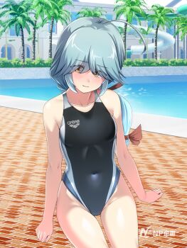 1girl ahoge arena_(company) black_one-piece_swimsuit blue_hair brown_eyes competition_swimsuit covered_navel cowboy_shot hair_over_eyes hamanami_(kancolle) highleg highleg_one-piece_swimsuit kantai_collection low_ponytail north1220japan one-piece_swimsuit palm_tree ponytail pool second-party_source solo swimsuit tirasi_(so) tree water_slide
