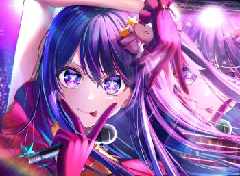 1girl arm_up commentary_request floating_hair frilled_gloves frills gloves heart heart-shaped_pupils highres holding holding_microphone hoshino_ai idol_clothes long_hair microphone oshi_no_ko otabaaa pink_gloves purple_eyes purple_hair straight_hair swept_bangs symbol-shaped_pupils tongue tongue_out v