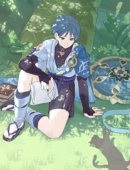 1boy absurdres anemo_symbol_(genshin_impact) arm_at_side arm_on_knee arm_support armor asihc belt black_belt black_bodysuit black_bow black_bridal_gauntlets black_cat black_sandals black_shorts blue_cape blue_hat blue_kimono blue_sleeves blunt_ends bodysuit book book_stack bow bridal_gauntlets bright_pupils cape cat closed_mouth commentary_request eyeliner feathers furisode genshin_impact gold gold_ring grass grey_eyes grey_hair hair_behind_ear hakama hakama_shorts hat highres holding holding_paper holding_pen japanese_armor japanese_clothes jingasa juban kimono knee_up kote kurokote layered_sleeves leg_warmers looking_at_animal makeup male_focus mandala middle_ring open_clothes open_kimono outdoors paper pen plant pleated_shorts pom_pom_(clothes) purple_rope purple_sash red_eyeliner rope sandals sash scaramouche_(genshin_impact) short_sleeves shorts shoulder_peek sitting smile solo stirrup_legwear toeless_legwear toenails toes tree_shade tsurime unworn_hat unworn_headwear vision_(genshin_impact) wanderer_(genshin_impact) white_kimono white_leg_warmers white_pupils white_sleeves white_trim yellow_feathers zouri