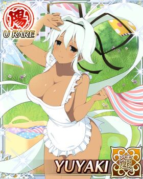 Rule 34 | 1girl, absurdly long hair, apron, arm up, ass, black eyes, black ribbon, border, breasts, card (medium), character name, cleavage, closed mouth, dark-skinned female, dark skin, day, frilled apron, frills, game cg, hair intakes, hair ribbon, high ponytail, large breasts, laundry, laundry basket, long hair, long ribbon, looking at viewer, naked apron, official art, outdoors, ponytail, ribbon, senran kagura, senran kagura new wave, smile, solo, third-party source, towel, very long hair, white apron, white hair, yuyaki (senran kagura)