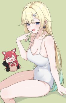 absurdres aizawa_ema animal_ears aqua_nails aqua_streaks blonde_hair blue_eyes breasts cat_earrings cat_ears closed_eyes covered_navel earrings gradient_hair hair_flaps highres jewelry large_breasts light_blush looking_at_viewer multicolored_hair nekota_tsuna one-piece_swimsuit open_mouth red_hair shun_(b.c) simple_background sitting smile strap swimsuit thumbs_up virtual_youtuber vspo! white_one-piece_swimsuit