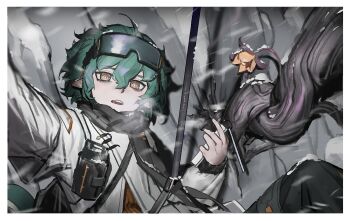 Rule 34 | 1boy, arknights, bags under eyes, baimudafeiyu, black scarf, flower, fluffy hair, goggles, goggles on head, green hair, hair between eyes, heavy breathing, highres, holding, looking at viewer, rappelling, rope, scarf, selfie, snowing, solo, verdant (arknights)