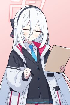 Rule 34 | 1girl, black hairband, black jacket, blue archive, blue necktie, closed eyes, commentary request, grey skirt, hair between eyes, hairband, halo, highres, jacket, kei (blue archive), kei (new body) (blue archive), korean commentary, long hair, long hair between eyes, looking at viewer, multicolored jacket, necktie, pink halo, samess 333, shirt, skirt, solo, thighs, two-tone jacket, white hair, white jacket, white shirt