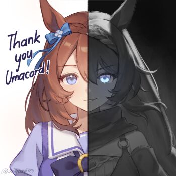 Rule 34 | 1girl, blue bow, blue eyes, bow, braid, brown hair, commentary, commission, crown braid, dress, greyscale, hair between eyes, hair bow, highres, horse girl, long hair, looking at viewer, monochrome, parted lips, partially colored, purple bow, purple eyes, purple shirt, sailor collar, scarf, school uniform, shirt, sillycat4725, smile, solo, super creek (murmuring stream) (umamusume), super creek (umamusume), thank you, tracen school uniform, umamusume, white background, white sailor collar