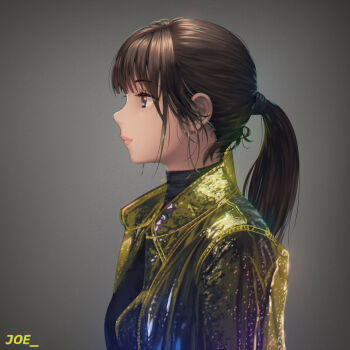 1girl a.x. absurdres blade_runner_(series) blade_runner_2049 brown_eyes brown_hair character_name closed_mouth from_side grey_background highres jacket joi long_hair ponytail profile solo turtleneck yellow_jacket