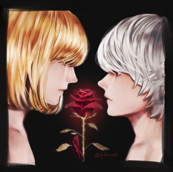 2boys black_background black_border blonde_hair bob_cut border closed_mouth commentary_request death_note falling_petals flower grey_hair hair_between_eyes looking_at_another male_focus mello_(death_note) multiple_boys near_(death_note) pan2ca petals profile red_flower red_petals red_rose rose short_hair twintails
