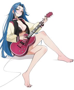 1girl absurdres barefoot bikini black_bikini black_nails blue_hair blush breasts cleavage commentary commission electric_guitar english_commentary feet full_body green_eyes guitar highres holding holding_guitar holding_instrument instrument jacket kiritzugu long_hair looking_at_viewer nail_polish open_clothes open_jacket original smile solo swimsuit toenail_polish toenails toes