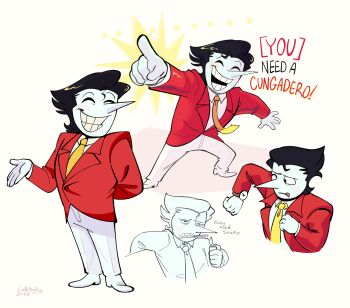 1boy artist_name black_eyes black_hair cigarette closed_eyes colliholly colored_skin commentary dated deltarune english_commentary english_text highres holding holding_lighter jacket lighter long_nose male_focus multiple_views necktie outstretched_arm pants pointy_nose red_jacket short_hair smile spamton_g._spamton spamton_g._spamton_(big_shot) teeth utdr_(toby_fox) white_pants white_skin yellow_necktie