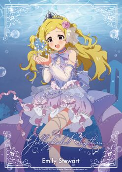 1girl absurdres air_bubble barefoot blonde_hair blue_choker blue_dress blue_nails blush bubble character_name choker commentary_request company_name copyright_name copyright_notice double_bun dress earrings emily_stewart fingernails flower hair_bun hair_flower hair_ornament highres idolmaster idolmaster_million_live! jewelry leg_up long_hair nail_polish official_art open_mouth pink_flower pink_rose purple_eyes rose second-party_source smile solo standing standing_on_one_leg star_(symbol) star_earrings tiara toenail_polish toenails two_side_up underwater