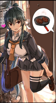 1girl black_hair black_sailor_collar black_skirt breasts commentary_request food food_focus hair_between_eyes hamburger_steak highres kantai_collection large_breasts long_hair necktie orange_necktie pleated_skirt ponytail red_eyes sailor_collar school_uniform seitei_(04seitei) shirt sidelocks single_thighhigh skirt solo steak thighhighs very_long_hair white_shirt yahagi_(kancolle) yahagi_kai_ni_(kancolle)