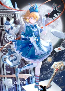 1boy absurdres alice_(alice_in_wonderland) alice_(alice_in_wonderland)_(cosplay) alternate_costume animal aotu_world apron artist_name asymmetrical_legwear black_cat black_hat black_jacket blonde_hair blue_bow blue_bowtie blue_dress blue_eyes blue_shoes bow bowtie card castle cat chinese_commentary clock clock_tower cosplay crossdressing crossdressing_(mtf) cup dress floating floating_object frilled_apron frilled_dress frills full_body full_moon gloves hair_between_eyes hair_bow hand_up hat heart high_heels highres hongyeshiliu jacket key king_(aotu_world) kneehighs light_particles looking_at_viewer magic male_focus monocle moon night parted_lips plate pointy_ears puffy_short_sleeves puffy_sleeves rabbit red_bow red_bowtie red_ribbon ribbon shoes short_hair short_sleeves sky socks solo standing star_(sky) striped_clothes striped_socks teacup teapot top_hat tower trap waist_bow white_apron white_gloves white_rabbit_(alice_in_wonderland) white_socks
