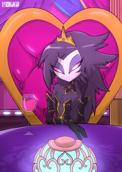 1girl absurdres alcohol choker crown demon_girl dress drink elbow_gloves furry gloves h1draw hellaverse helluva_boss highres octavia_(helluva_boss) owl_girl wine