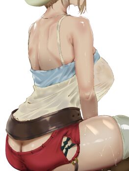 1girl absurdres aoki_hiro ass atelier_(series) atelier_ryza bare_shoulders beret breasts brown_hair butt_crack commentary_request eyes_out_of_frame from_side hat head_out_of_frame highres jewelry large_breasts leather_belt necklace red_shorts reisalin_stout see-through_silhouette shirt short_hair short_shorts shorts shoulder_blades simple_background sleeveless sleeveless_shirt solo spaghetti_strap sweat thick_thighs thighhighs thighs very_sweaty wet wet_clothes wet_shirt white_background