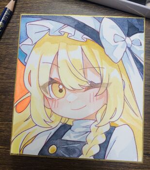 1girl ;) art_tools_in_frame black_hat black_vest blonde_hair bow closed_mouth colored_pencil_(medium) commentary double-parted_bangs hair_between_eyes hat hat_bow hat_ribbon highres kirisame_marisa long_hair looking_at_viewer one_eye_closed portrait ribbon shikishi shirt smile solo touhou traditional_media vest white_bow white_ribbon white_shirt yamada_sakura