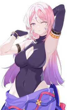 1girl ;) absurdres armpits asymmetrical_gloves black_leotard blue_eyes breasts citlali_(genshin_impact) cleavage_cutout clothing_cutout covered_navel dated_commentary elbow_gloves facial_mark fingerless_gloves genshin_impact gloves highres large_breasts leotard looking_at_viewer one_eye_closed pink_hair purple_gloves purple_sarong sarong sasunopi simple_background smile solo triangle triangle_facial_mark uneven_gloves white_background