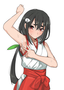 aged_up armpits blush cum_on_armpit hachikuji_mayoi highres japanese_clothes miko monogatari_(series) nari_(nari149528) presenting_armpit sweat