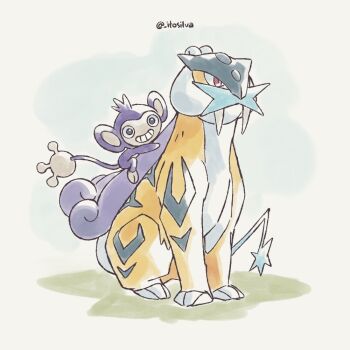 Rule 34 | aipom, artist name, fangs, gen 2 pokemon, grin, hand tail, itosilva, legendary pokemon, nintendo, no humans, pokemon, pokemon (creature), purple fur, raikou, red eyes, smile, tail, yellow fur