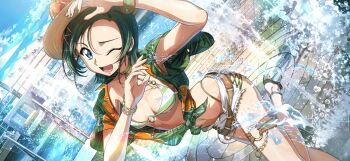 1girl ;d arm_up bikini blue_eyes bracelet breasts cleavage code_geass code_geass:_lost_stories code_geass:_soubou_no_oz company_name copyright_name copyright_notice day f4samurai green_hair green_nails hair_between_eyes hat highres jewelry logo nail_polish official_art one_eye_closed open_mouth outdoors shirt short_shorts short_sleeves shorts smile sokkia_sherpa solo swimsuit tied_shirt water water_drop