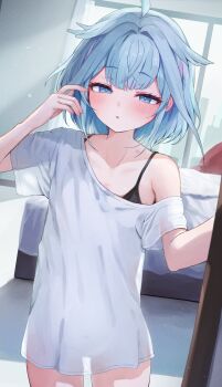1girl black_bra blue_eyes blue_hair blush bra cowboy_shot highres hololive hololive_dev_is indoors looking_at_another looking_at_viewer mizumiya_su namama_(namama82) parted_lips see-through_clothes see-through_shirt shirt short_hair short_sleeves single_bare_shoulder single_off_shoulder solo tearing_up underwear virtual_youtuber white_shirt