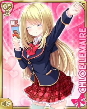 1girl blonde_hair blue_eyes bow bowtie card_(medium) character_name chloe_lemaire girlfriend_(kari) jacket loafers long_hair looking_at_viewer miniskirt notebook official_art pen plaid_clothes plaid_skirt pleated_skirt qp:flapper red_bow red_bowtie red_skirt school_uniform shirt shoes skirt smile socks solo standing thighhighs thighs white_shirt white_socks white_thighhighs zettai_ryouiki