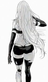 1girl a2_(nier:automata) from_behind highres long_hair monochrome nier:automata nier_(series) nishiii26miii signature white_background white_hair