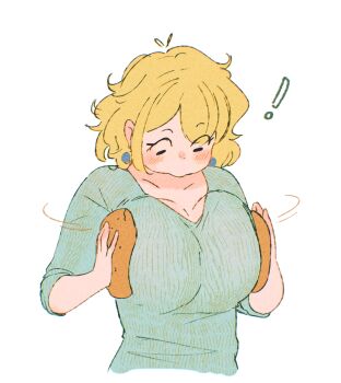 ! 1girl black_eyes blonde_hair blue_shirt blush borrowed_character breast_sandwich breasts breasts_squeezed_together bun_(food) character_request collarbone commentary crossed_bangs double-parted_bangs earrings english_commentary hair_between_eyes highres holding_bun jewelry large_breasts looking_down messy_hair motion_lines original shirt short_hair short_sleeves simple_background solo spindle_(aidenr0) striped_clothes striped_shirt upper_body vertical-striped_clothes vertical-striped_shirt white_background