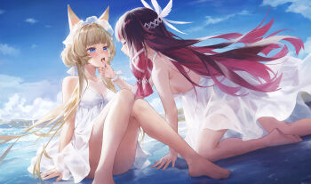 2girls absurdres alternate_costume animal_ears bare_shoulders barefoot blue_eyes breasts brown_hair cat_ears cleavage closed_eyes closed_mouth columbina_(genshin_impact) commentary_request dress facing_another fake_animal_ears feet finger_to_another's_mouth floating_hair genshin_impact highres long_hair looking_at_another multiple_girls open_mouth sandrone_(genshin_impact) sideboob sitting sleeveless sleeveless_dress swkl:d very_long_hair white_dress white_headdress