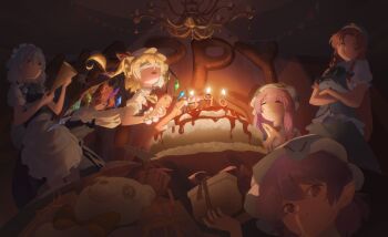 6+girls apron ascot birthday birthday_cake black_skirt black_vest blindfold blonde_hair blue_bow bow box braid cake candle chandelier closed_eyes closed_mouth commentary_request crescent crescent_hat_ornament crossed_arms crystal crystal_wings demon_wings dress fangs finger_to_mouth flandre_scarlet food gift gift_box green_bow green_hat green_skirt green_vest grey_hair grin hair_bow hat hat_ornament head_wings highres holding holding_gift hong_meiling izayoi_sakuya kinoko_(kino2435006) koakuma long_hair looking_at_viewer maid maid_headdress mob_cap multicolored_wings multiple_girls one_eye_closed one_side_up own_hands_together patchouli_knowledge pointy_ears purple_hair red_bow red_eyes red_hair red_skirt red_vest remilia_scarlet shoving shushing siblings sisters skirt skirt_set smile star_(symbol) star_hat_ornament striped_clothes striped_dress stuffed_animal stuffed_toy teddy_bear touhou twin_braids vertical-striped_clothes vertical-striped_dress very_long_hair vest waist_apron white_hat wings yellow_ascot