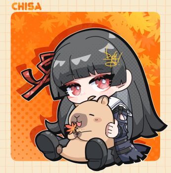 Rule 34 | 1girl, black hair, black jacket, black shoes, bright pupils, capybara, character name, chibi, chibi only, chisa (wuthering waves), commentary, dog-san, hair ribbon, jacket, long hair, looking at viewer, namipon (wuthering waves), orange background, red eyes, red ribbon, ribbon, shoes, sitting, symbol-only commentary, white pupils, wuthering waves