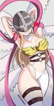 Rule 34 | 1girl, angel, angel wings, angewomon, arms behind head, artist name, asymmetrical clothes, asymmetrical legwear, blonde hair, breasts, cameltoe, collarbone, covered eyes, digimon, digimon (creature), digimon adventure, feathered wings, female focus, head wings, helmet, helmet over eyes, highres, medium breasts, multiple wings, pabsmikan, pink shawl, shawl, shiny skin, simple background, smile, thigh strap, thighs, wings
