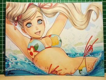1girl aqua_eyes armpits arms_up artist_name beach bikini blonde_hair blue_bikini blue_sky breasts cutting_board floral_print floral_print_bikini hair_ornament hair_ribbon hairclip halterneck in_water jewelry large_breasts long_hair looking_at_viewer navel ocean omar_dogan open_mouth persona persona_5 photoshop_(medium) pink_lips plant print_bikini red_ribbon red_trim ribbon sand simple_background sky solo splashing stomach swimsuit takamaki_ann third-party_source traditional_media twintails water wavy_hair