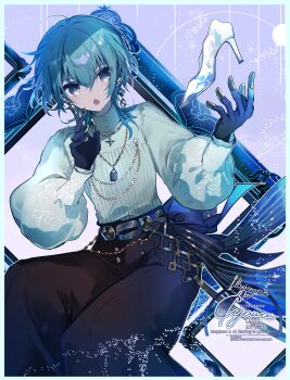 1girl black_gloves blue_border blue_eyes blue_hair border brown_pants cyawa feet_out_of_frame glass_slipper gloves hair_between_eyes high_heels highres long_sleeves open_mouth original pants picture_frame puffy_long_sleeves puffy_sleeves purple_background shirt shoes signature solo unworn_shoes watermark white_shirt