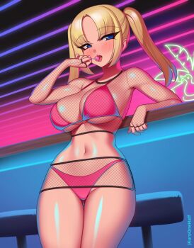 1girl bar_(place) bikini bird black_shirt black_skirt blonde_hair blue_eyes blush breasts candy cleavage duck fishnet_skirt fishnet_top fishnets food holding holding_candy holding_food holding_lollipop kuroonehalf large_breasts lollipop long_hair looking_at_viewer navel neon_lights nightclub open_mouth original palm_tree pink_bikini rei_(kuroonehalf) shirt skirt standing stool swimsuit teeth tongue tongue_out tree twintails underboob