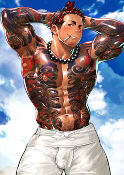 1boy abs animated animated_gif armpit_hair armpits arms_behind_head artisticjinsky bara beard_stubble black_hair blue_sky blush bouncing_bulge bulge censored cigarette cloud facial_hair full-body_tattoo highres large_pectorals looking_at_viewer male_focus male_pubic_hair muscular muscular_male navel navel_hair nipples open_fly original pectorals pubic_hair seductive_smile short_hair sky smile solo spiked_hair standing stomach stubble tan tattoo thick_eyebrows thick_navel_hair thick_thighs thighs topless_male tsurime variant_set