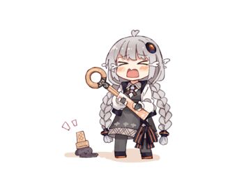 Rule 34 | > <, 1girl, ahoge, black dress, black pantyhose, black shoes, blush, braid, chibi, chibi only, closed eyes, commentary request, crying, dress, dropped food, food, full body, grey hair, hair ornament, ice cream, kizuna akari, long hair, long sleeves, lowres, normaland, open mouth, pantyhose, shoes, simple background, solo, standing, tears, twin braids, very long hair, vocaloid, voiceroid, white background