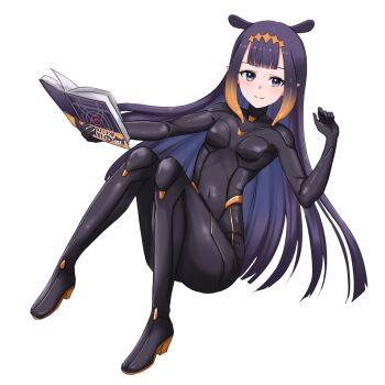 1girl absurdres black_bodysuit blue_eyes blunt_bangs bodysuit book diamond_hairband gradient_hair highres holding holding_book hololive hololive_english long_hair looking_at_viewer mecha_pilot_suit multicolored_hair ninomae_ina&#039;nis orange_hair pointy_ears purple_hair shirohodo simple_background skin_tight smile solo tentacle_hair tentacles very_long_hair virtual_youtuber white_background