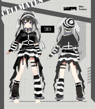 1girl absurdres animal_hat arm_warmers asymmetrical_legwear barefoot belt black_arm_warmers black_belt black_hair black_hat black_hoodie black_leg_warmers black_skirt blue_hair character_name chest_harness closed_mouth collar commentary_request crescent crescent_hair_ornament cuffs double-parted_bangs fingerless_gloves full_body gloves group_name hair_ornament hairclip harness hat hat_ribbon high-low_skirt highres hood hood_down hoodie leg_warmers long_hair looking_at_viewer loose_belt lowro_(en) metal_collar miniskirt multiple_hair_clips multiple_thigh_straps multiple_views nijisanji number_tattoo o-ring o-ring_harness official_alternate_costume official_art parallel_hairclips prison_clothes rabbit_hat reference_sheet ribbon second-party_source shackles short_sleeves shoulder_tattoo skirt smile solo standing striped_arm_warmers striped_clothes striped_hat striped_skirt tattoo thigh_strap torn_clothes torn_skirt tsukino_mito twintails two-tone_arm_warmers two-tone_hat two-tone_leg_warmers two-tone_skirt virtual_youtuber wallet_chain white_arm_warmers white_hat white_leg_warmers white_ribbon white_skirt x_hair_ornament
