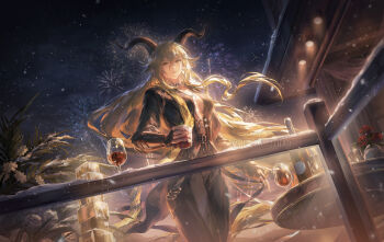 1girl alcohol animal_ears arknights black_gloves blonde_hair breasts commentary cup degenbrecher_(arknights) english_commentary fireworks flower gloves goat_ears goat_girl goat_horns hair_between_eyes helen_zzhao highres holding holding_cup horns jewelry large_breasts long_hair long_sleeves looking_at_viewer necklace night open_mouth outdoors pants red_flower sky smile snow solo sparkle very_long_hair yellow_eyes