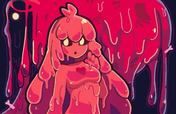 1girl antenna_hair black_sclera bone colored_sclera colored_skin hand_up heart lobotomy_corporation long_hair looking_at_viewer melting melting_love microsoft_paint_(medium) monster_girl open_mouth pink_hair pink_skin project_moon sidelocks slime_girl solo very_long_hair yellow_eyes yumeyuk0