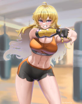 1girl abs ahoge artist_name blonde_hair blurry blurry_background breasts burnt_green_tea cleavage copyright_name cowboy_shot grin hair_between_eyes highres large_breasts long_hair mechanical_arms midriff navel parted_lips punching_bag purple_eyes rwby shorts single_mechanical_arm smile solo sports_bra standing stretching sweat teeth watermark yang_xiao_long