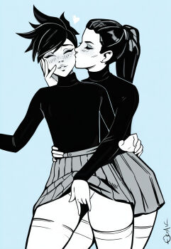 2girls artist_name artistic_error blue_background blush closed_eyes cowboy_shot fingering freckles hand_on_another&#039;s_cheek hand_on_another&#039;s_face hand_on_another&#039;s_waist heart highres kiss kissing_cheek long_hair monochrome multiple_girls ocean_(oveanman) overwatch parted_lips ponytail short_hair simple_background skirt spiked_hair thighhighs too_many_hands tracer_(overwatch) widowmaker_(overwatch) yuri
