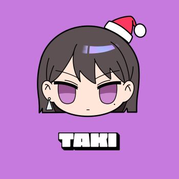 1girl bang_dream! bang_dream!_it's_mygo!!!!! black_hair character_name closed_mouth commentary fromgod_jungle hat head_only highres looking_at_viewer mini_hat mole mole_under_eye purple_background purple_eyes santa_hat shiina_taki simple_background solo symbol-only_commentary