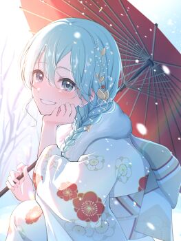 1girl absurdres alternate_costume alternate_hairstyle aqua_eyes aqua_hair braid commentary_request floral_print floral_print_kimono hair_between_eyes hatsune_miku highres holding holding_umbrella japanese_clothes kimono looking_at_viewer new_year oil-paper_umbrella parted_lips print_kimono smile solo squatting umbrella vocaloid wide_sleeves yomomo14