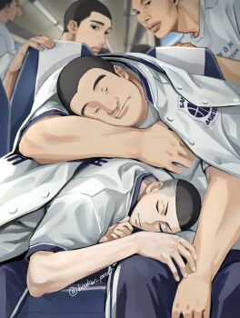 5boys beaker_pour black_eyes black_hair buzz_cut closed_eyes feet_out_of_frame fukatsu_kazunari highres human_stacking jacket jacket_on_shoulders kawata_masashi kawata_mikio looking_at_another male_focus multiple_boys sawakita_eiji short_hair slam_dunk_(series) sleeping undercut very_short_hair