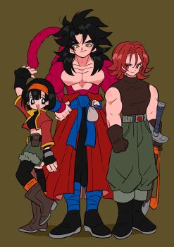 Rule 34 | 1girl, 2boys, absurdres, arm up, bare pectorals, black eyes, black gloves, black hair, bob cut, brown gloves, commentary, crop top, dragon ball, dragon ball heroes, eyeshadow, fingerless gloves, gloves, grandfather and granddaughter, hairband, hands on own hips, highres, holding, holding sword, holding weapon, kodama (marugoto omikan), long hair, makeup, medium hair, monkey boy, monkey tail, multiple boys, muscular, muscular male, open mouth, orange hairband, pan (dragon ball), pan (xeno) (dragon ball), parted hair, pectorals, red eyes, red eyeshadow, red fur, red hair, short hair, sleeveless, sleeveless turtleneck, son goku, son goku (xeno), super saiyan, super saiyan 4, super saiyan god, sword, symbol-only commentary, tail, time patrol (dragon ball), topless male, trunks (dragon ball), trunks (future) (dragon ball), trunks (future) (xeno) (dragon ball), turtleneck, weapon, yellow eyes
